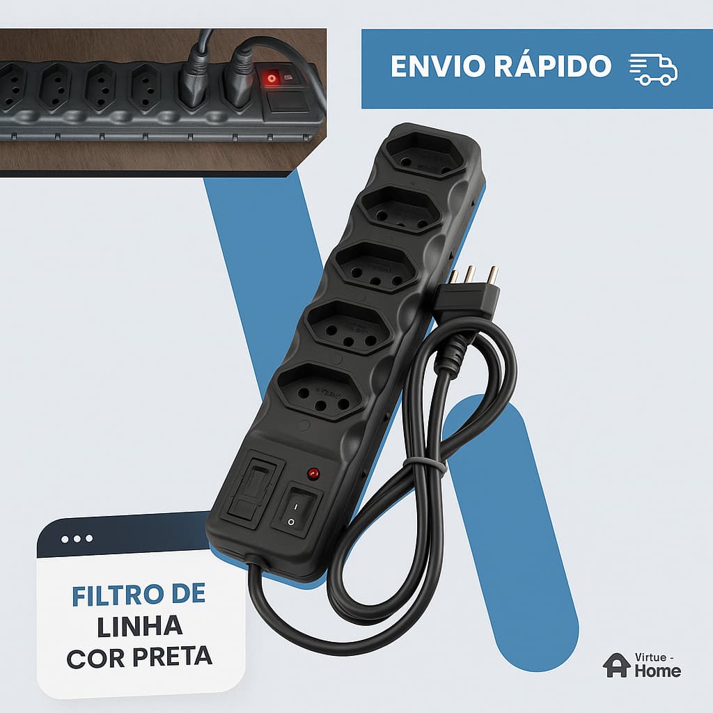 Filtro de Linha Régua 3,4,5,6 Tomadas Tripolares Bivolt C/Fúsivel Cabo 85cm