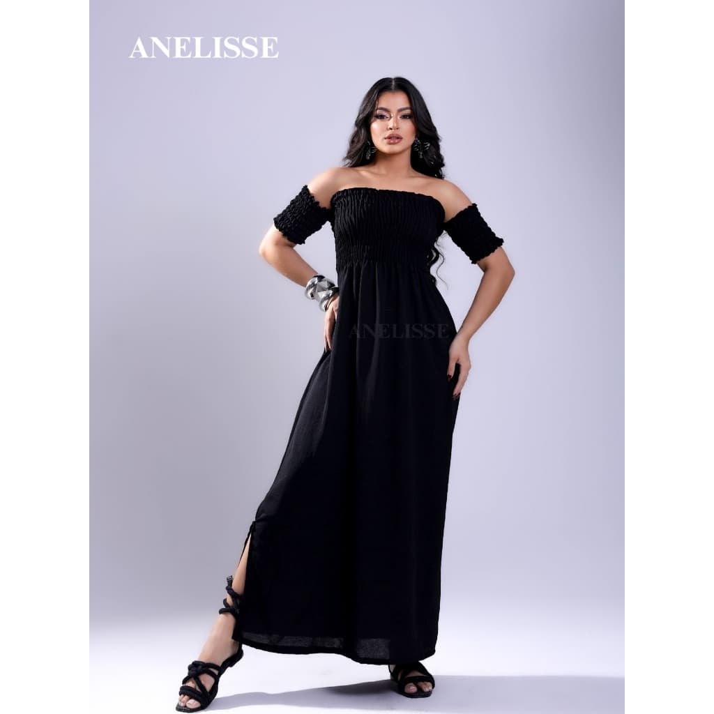 Vestido Longo Feminino Ciganinha Lastex Ombro a Ombro Com Fenda Lateral Tecido Duna Macio