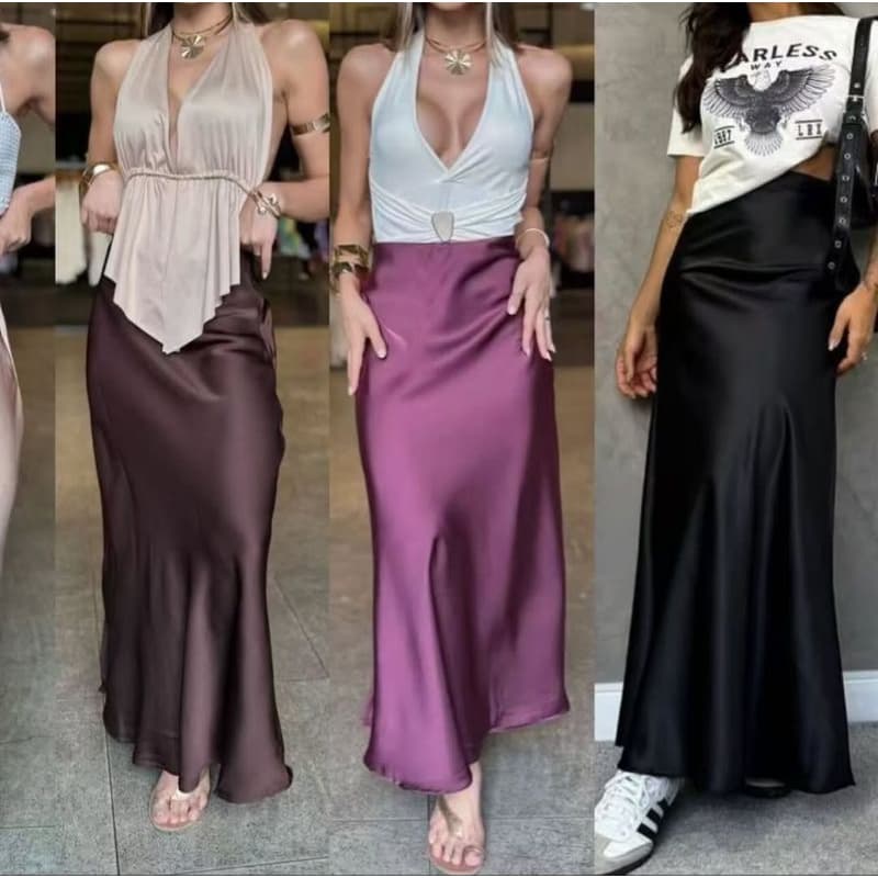 Saia Feminina Midi de Cetim Saia Evasê Elegante saia longa