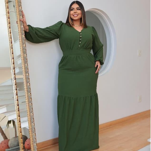 Vestido Longo Plus Size com Manga Bufante Botões Frontais Elástico nas Costas Tamanhos GG EXG