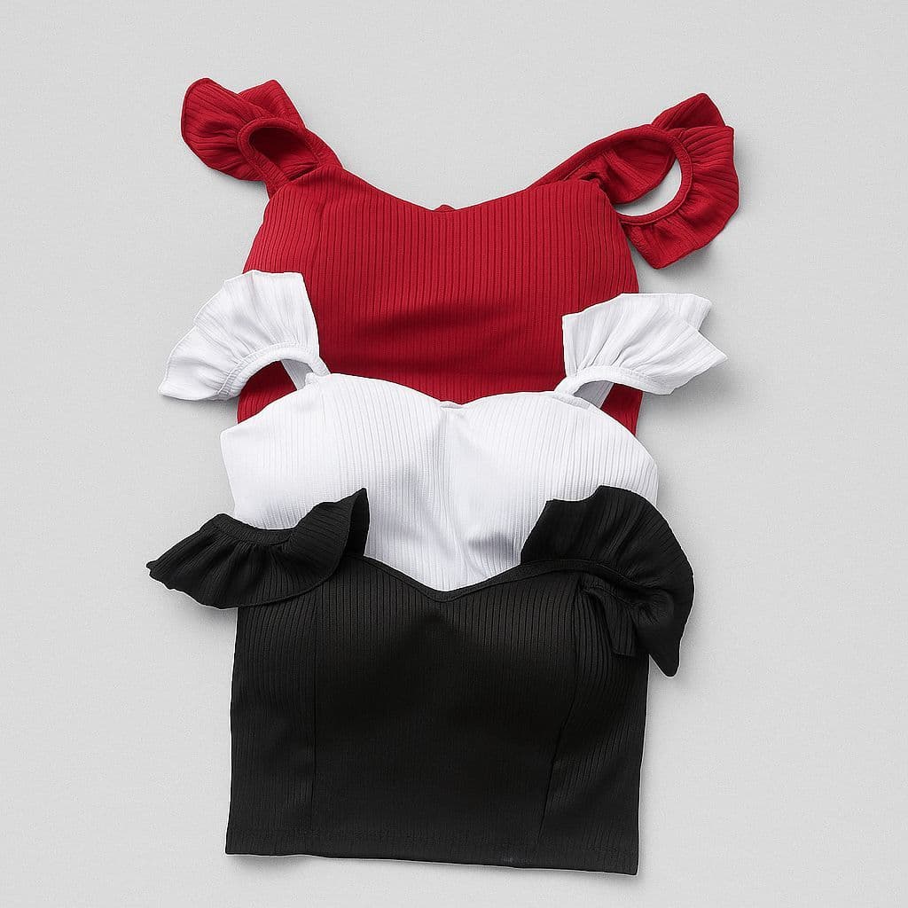 Cropped 3 unidades Feminino Alcinha Babado Decote Quadrado Tendência
