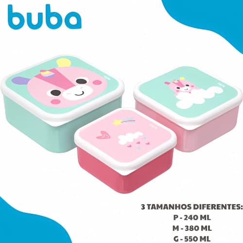 Kit 3 Potes Buba Unicórnio Lancheira Porta Lanche Infantil Potinho Papinha Frutinhas Bebê Infantil