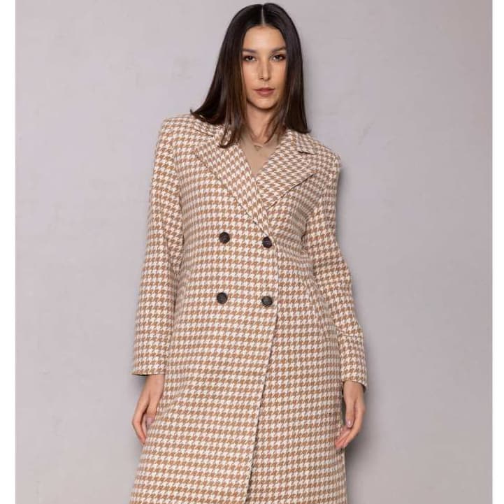 Casaco Feminino Sobretudo Inverno Pied-de-Poule Paola Elegante Plus Size e Slim