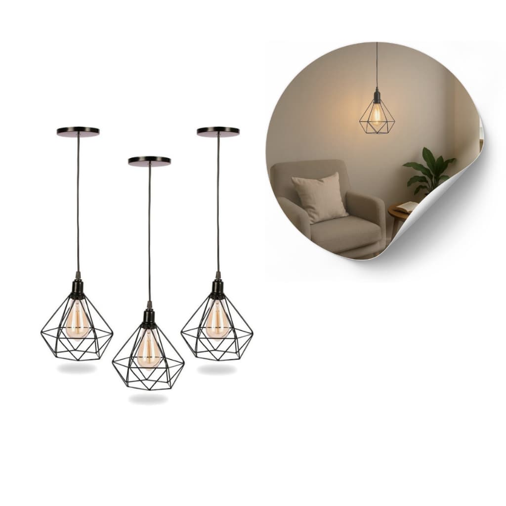 kit 3 pendente luminaria diamante vintage industrial preto cabo 1mt regulavel