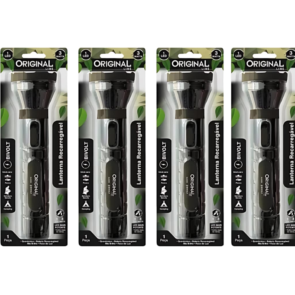 Lanternas de Mão 3w Original line Bivolt Preta Recarregável Kit 4 Lanterna Para Camping