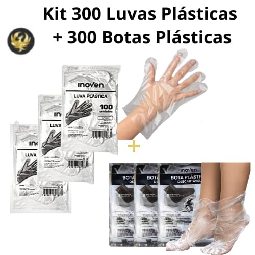 Kit 300 LUVAS Plásticas Descartáveis + Kit 300 BOTAS Plásticas Descartável Pro pé Tamanho Único