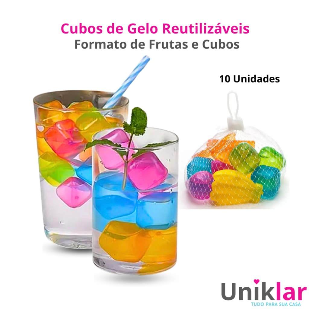 Kit de Cubos de Gelo Reutilizáveis Coloridos para Bebidas 10 Unidades
