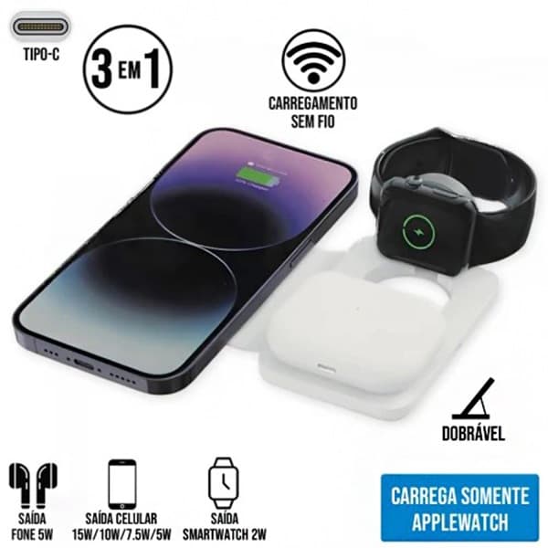 Carregador Por Indução 3 EM 1 Magnético Dobrável 15W Compacto E Portátil KD-9098