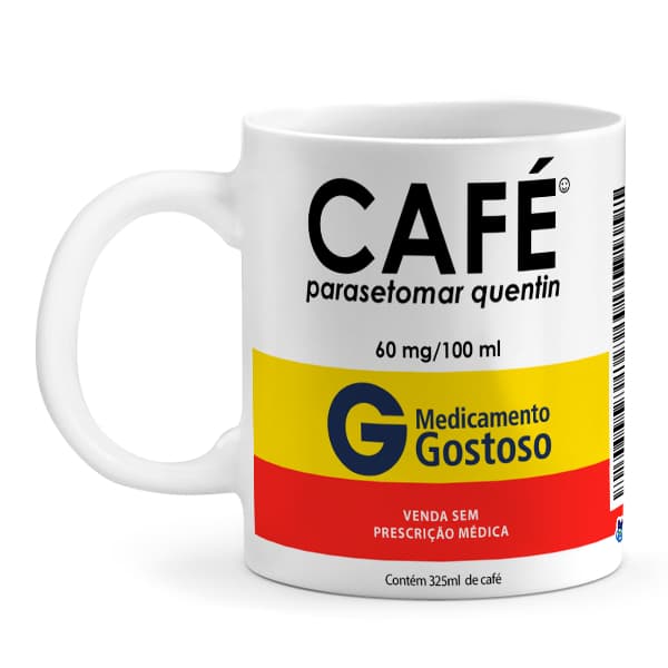 Caneca Café Remédio Genérico Parasetomar Quentin, em cerâmica branca 325ml, presente criativo
