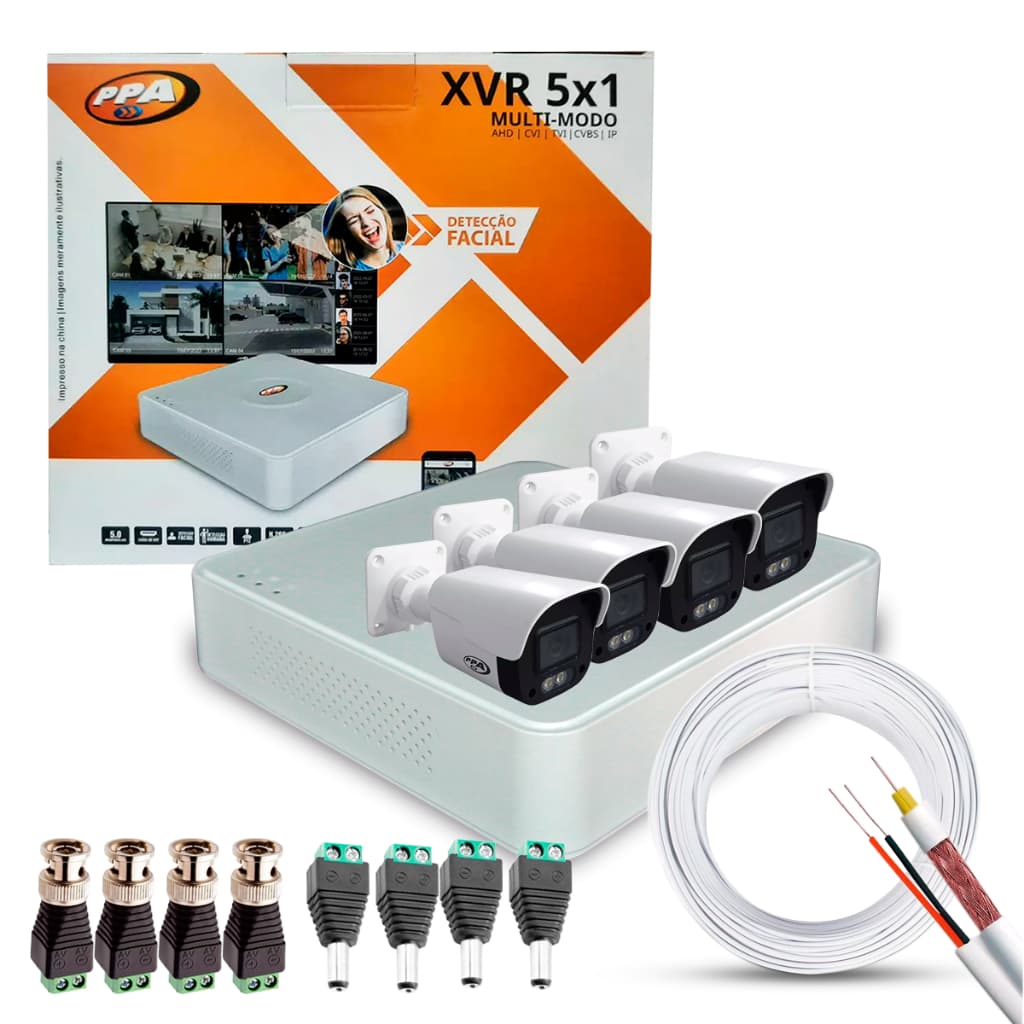KIT Gravador de Vídeo 4 Canais WiFi APP + 4 Câmeras Jetcolor Full HD PPA + Conectores e Cabo 100m