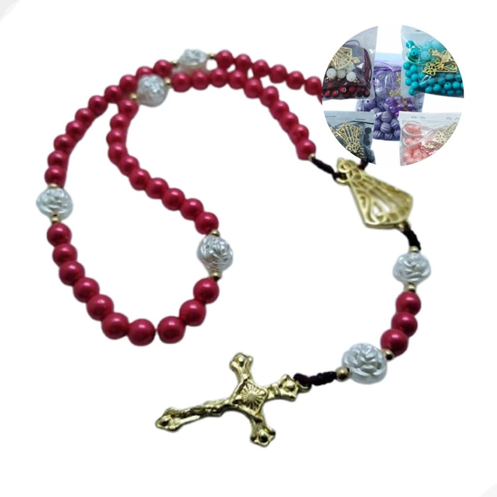 Kit para Terço com Cruz, N.S, Banho de Ouro, Miçangas Sortidas