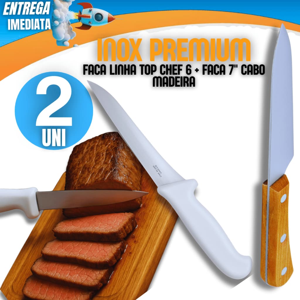 Jogo 02 Facas - Faca Linha Top Chef + Faca Cabo de Madeira Carne Churrasco Variáveis Utilidades  Linha Premium Cozinha