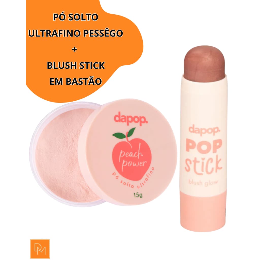 Pó Solto Ultrafino Pêssego+Blush Glow Bastão Cremoso Iluminador e Blush Dapop