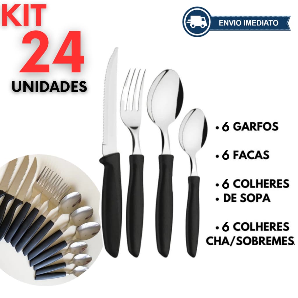 Jogo 24 Talheres Inox com Cabo Preto – Facas, Garfos e Colheres para Refeições com Estilo