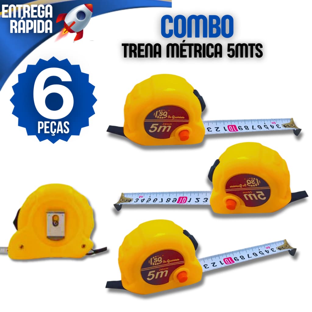 Kit 6 Trena 5 Metrosx24 mm de Metal De Bolso Durabilidade Resistência Aferição Amarela Profissional