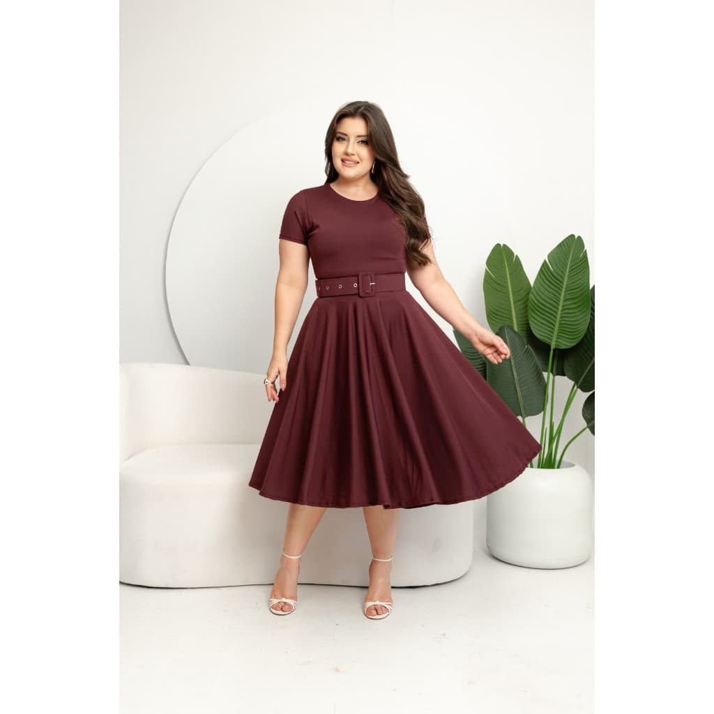 Vestido Midi Suplex com Cinto Godê Plus Size Básico Moda evangélica Festividade