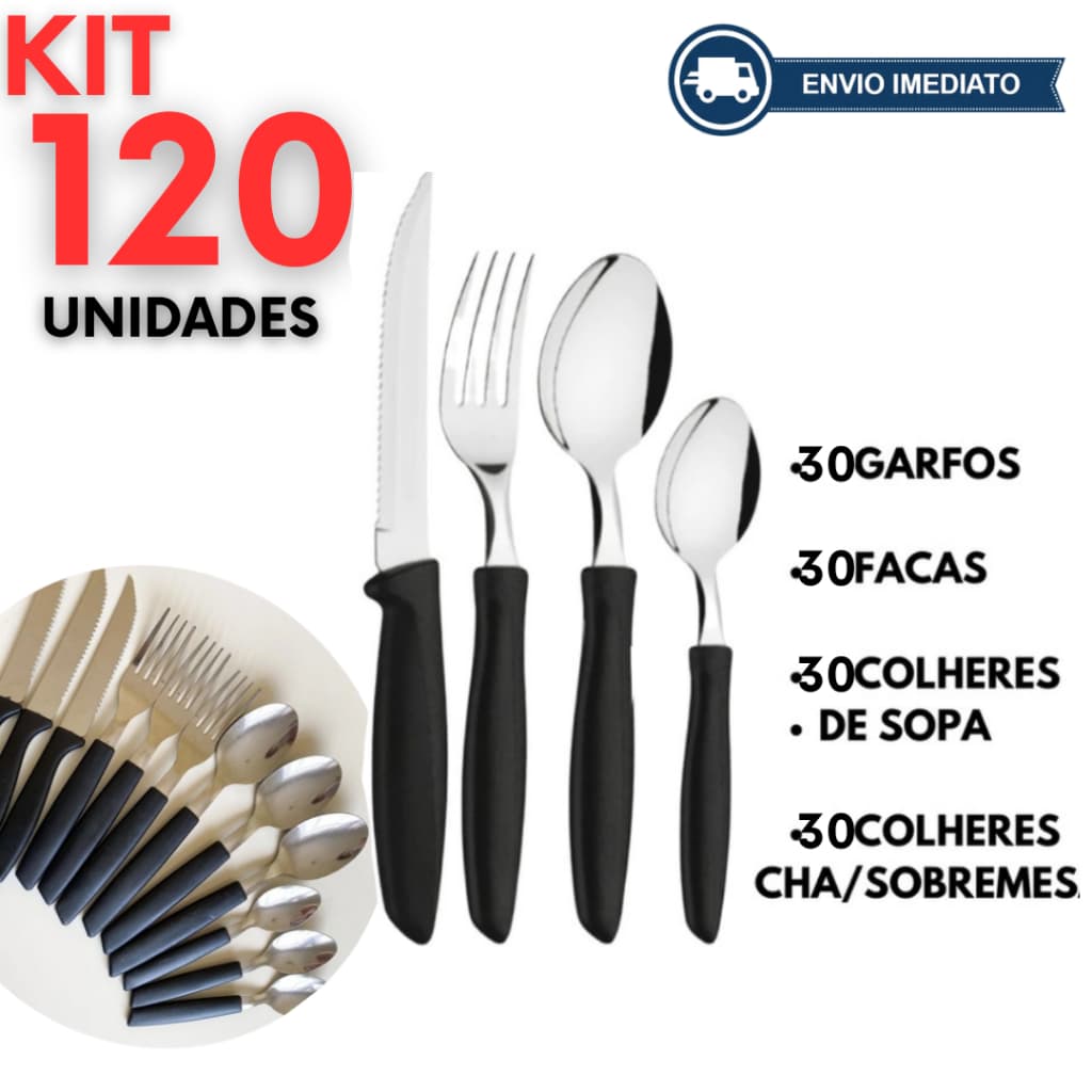 Kit 120 Talheres Inox com Cabo de plástico Preto Facas, Garfos, Colheres e Colheres de Chá Ideal para o dia dia