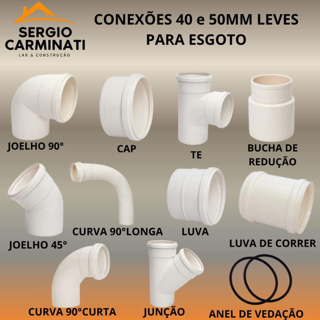 Conexões 40MM e 50MM Leve Esgoto(branco)Joelho 45°e90°,Cap,Te,Luva,Luva de Correr,Curva,Anel Vedação
