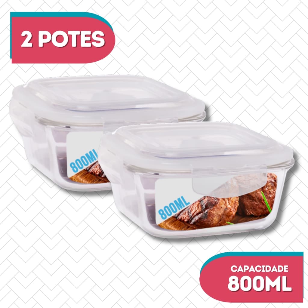 Kit 2 Potes 800ml de Vidro Marmita Tampa Hermetico Não Vaza