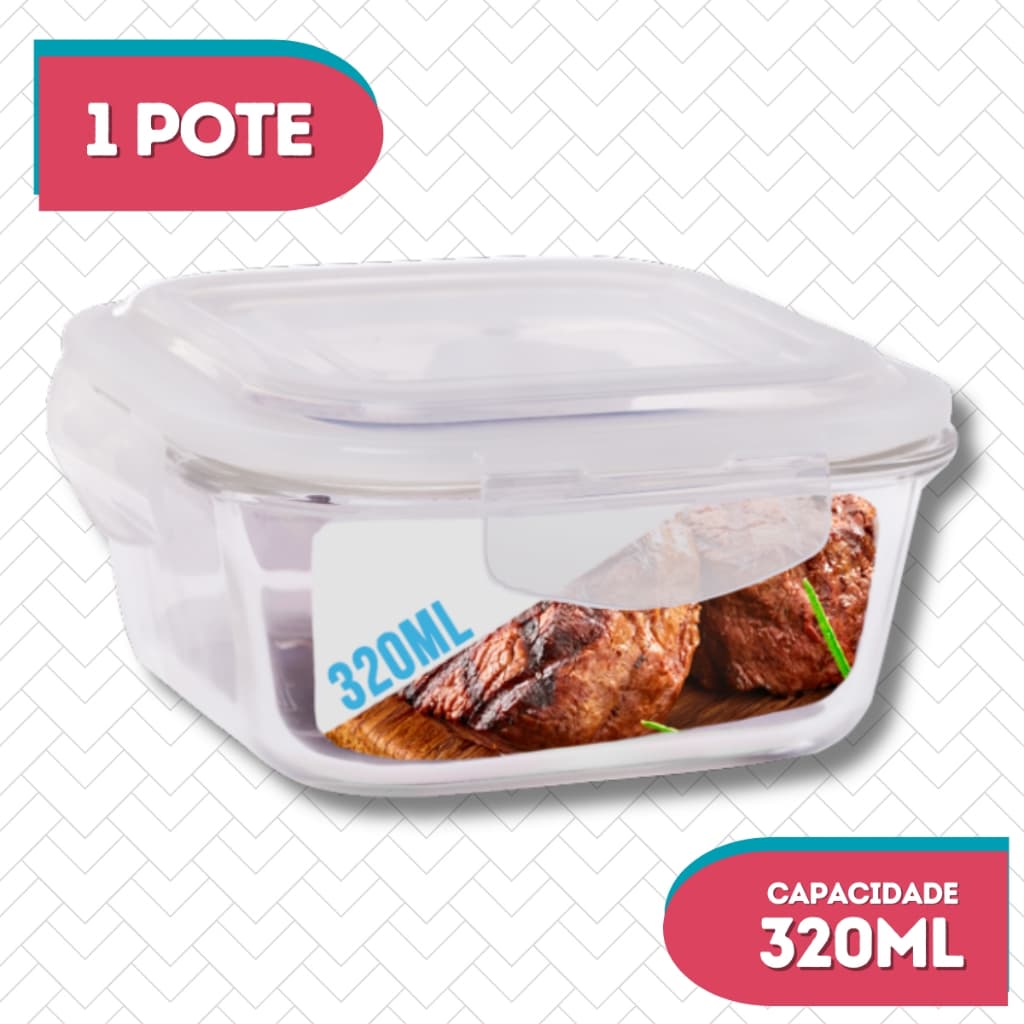 Pote Com Tampa Hermetica Quadrado De Vidro 320ml Alimentos