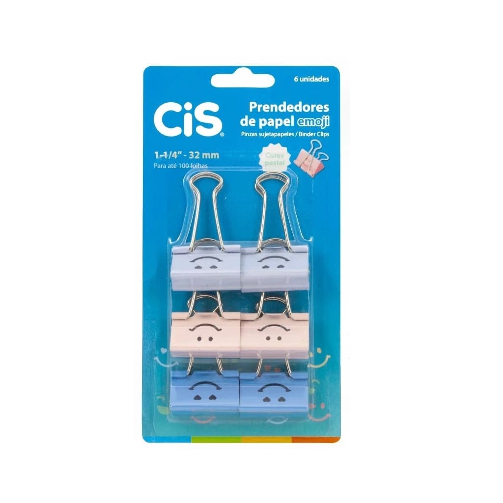 Prendedor de Papel Binder 32mm Cartela com 6 unidades Emoji Pastel CIS