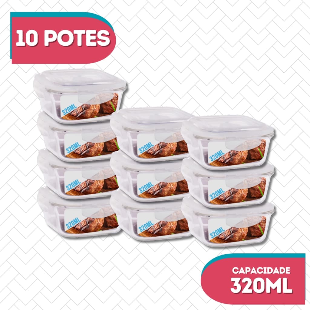 Pote Vidro Tampa Hermética Quadrado 320ml Papinha Pequeno 10 UN