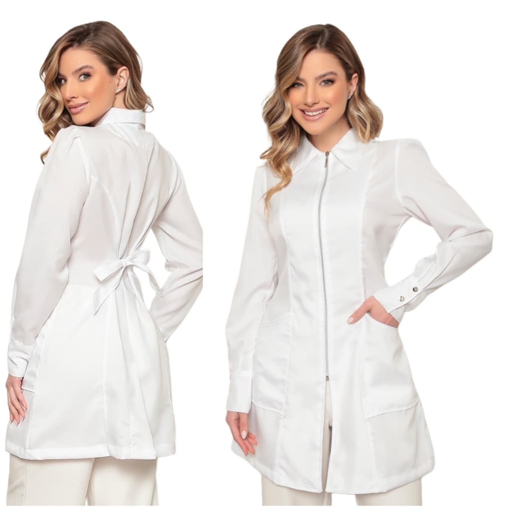 Jaleco Feminino em Oxford Eli Zíper Manga Longa Branco Gardenia Jalecos