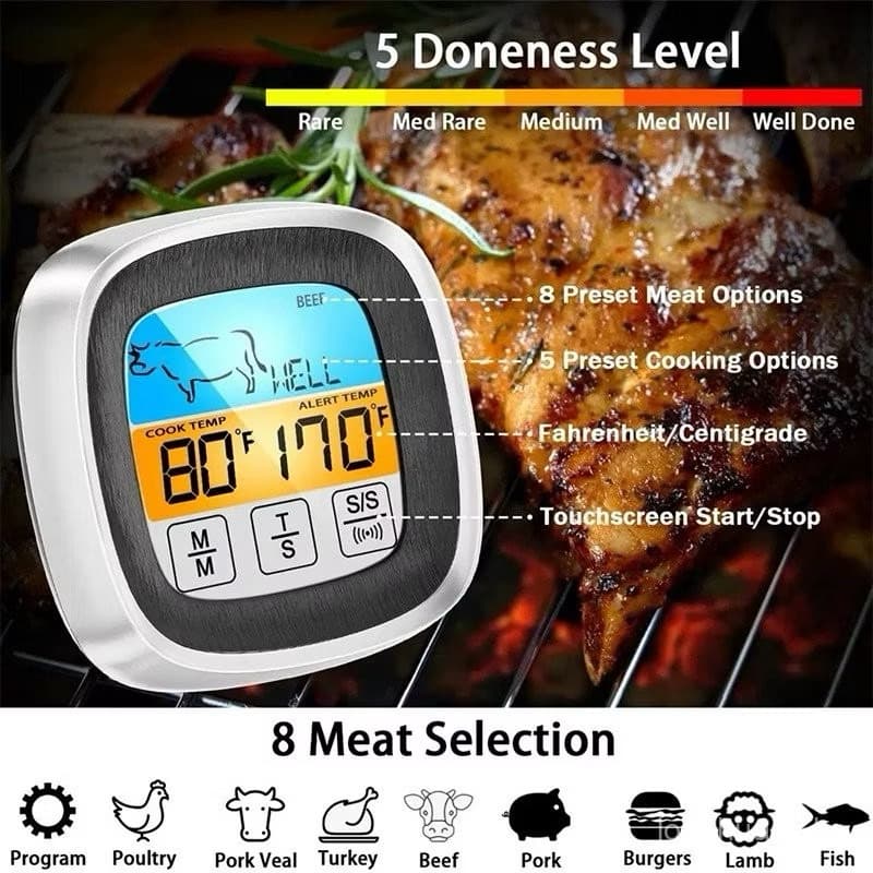 Termômetro Digital de Cozinha, Termômetro de Churrasco em Aço Inoxidável com Sensor de Sonda, com tela
