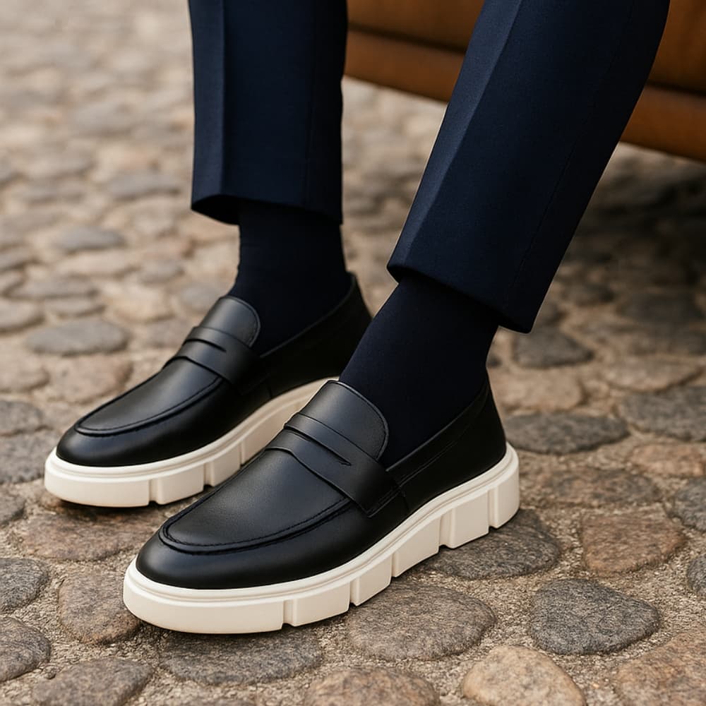 Sapato Masculino Mocassim Master Couro Preto Sola Alta Branca Atria Shoes