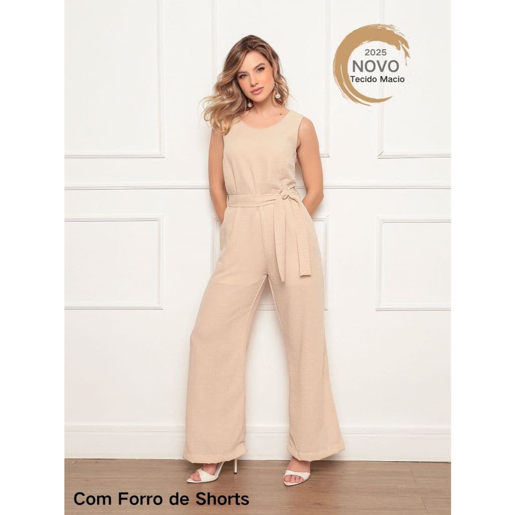 Macacão Feminino Linho Mocha Mousse Telho - Sem Mangas, Amarração na Cintura, Modelagem Solta e Confortável Elegante
