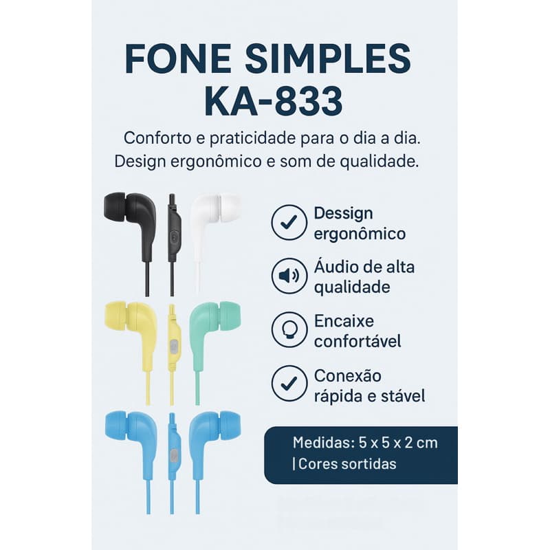 Fone de Ouvido KA-833 com Microfone - Som Nítido, Cores Sortidas, Ideal para Músicas e Chamadas