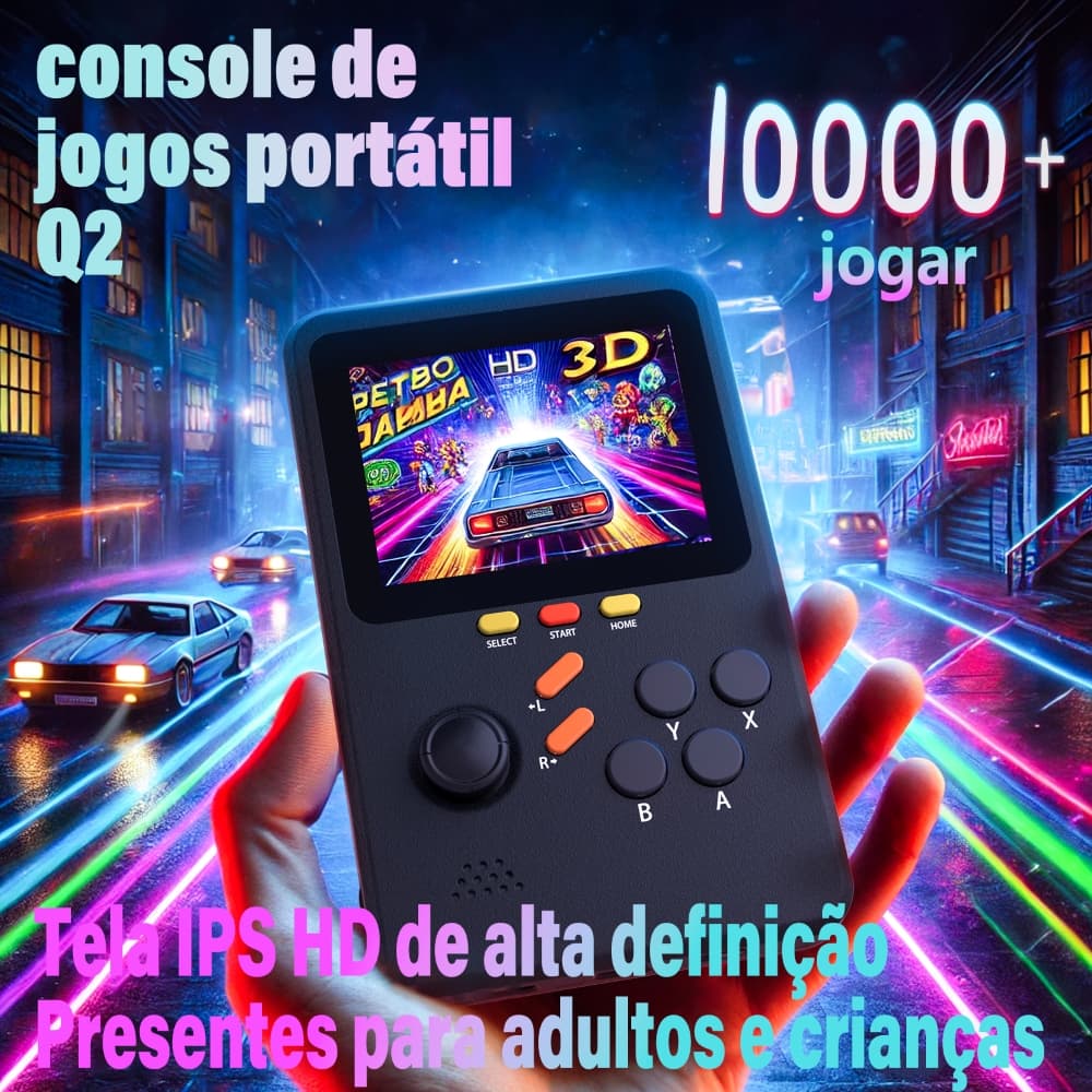 Console Portátil Q2 com 10.000+ Jogos Grátis - 64GB Incluso, 10 Emuladores (PS1/MAME/SFC/GB/NEOGEO)