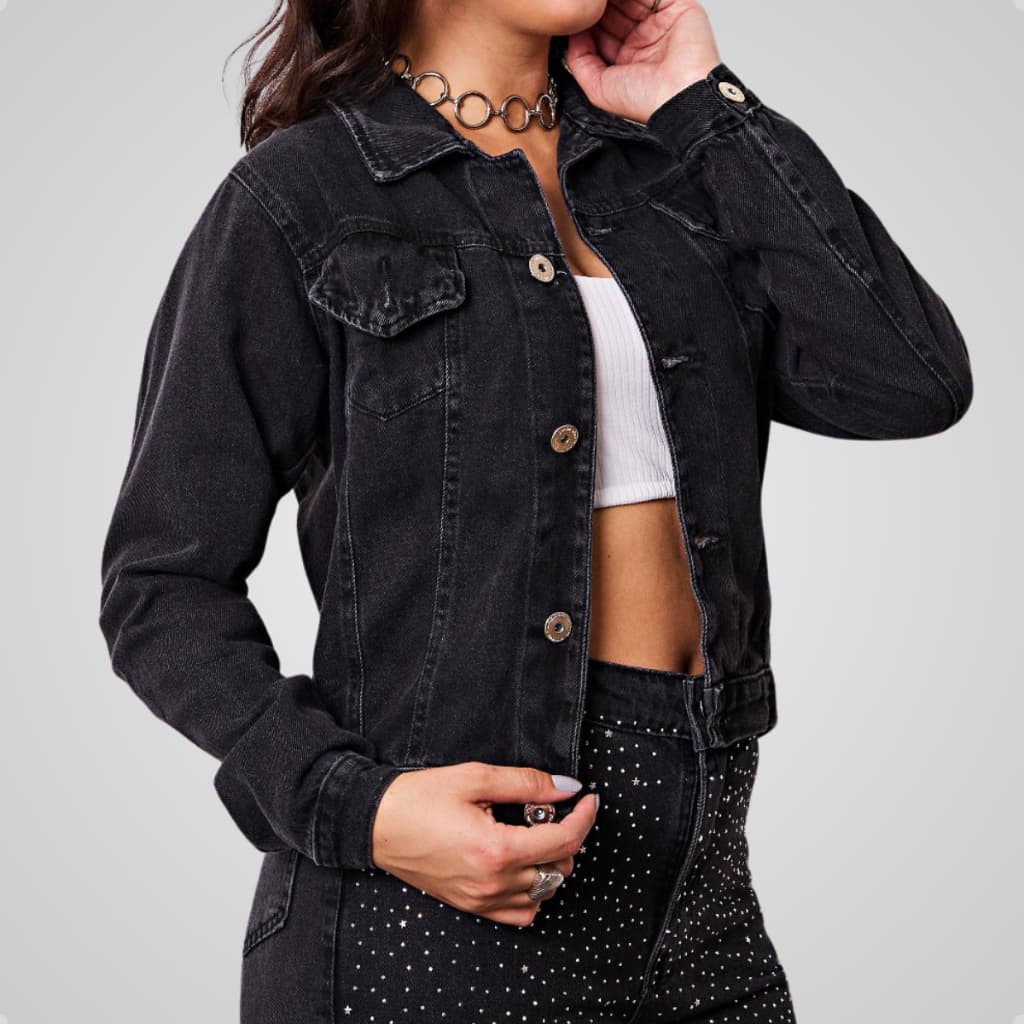 Jaqueta Jeans Black Grafite Moda Feminina
