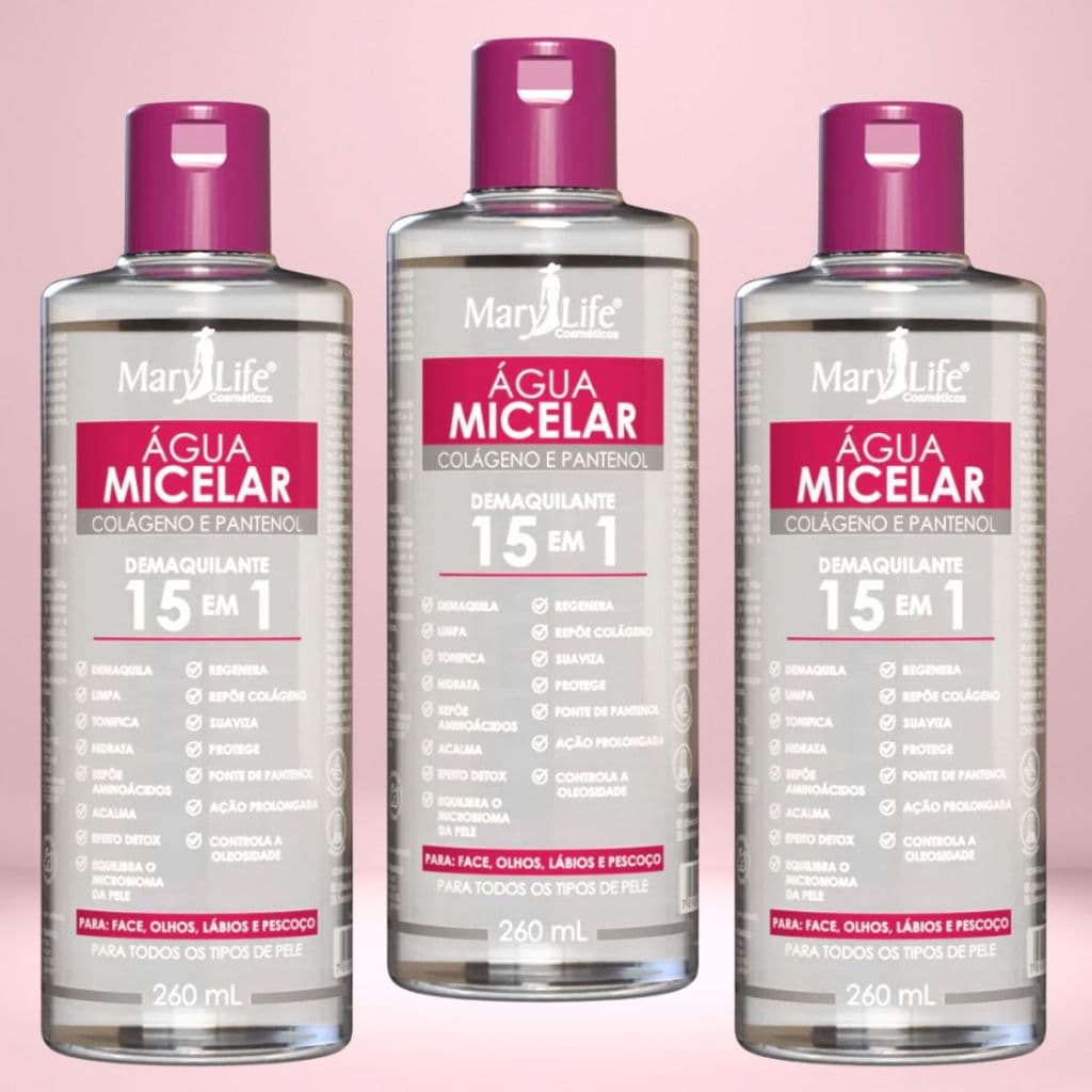 Kit 3 Unidades Água Micelar Colágeno e Pantenol Demaquilante 15 em 1 Remove Maquiagem, Hidrata