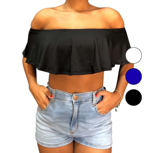 Cropped Feminino Ciganinha Ombro a Ombro Babado com Top Embutido Suplex Premium