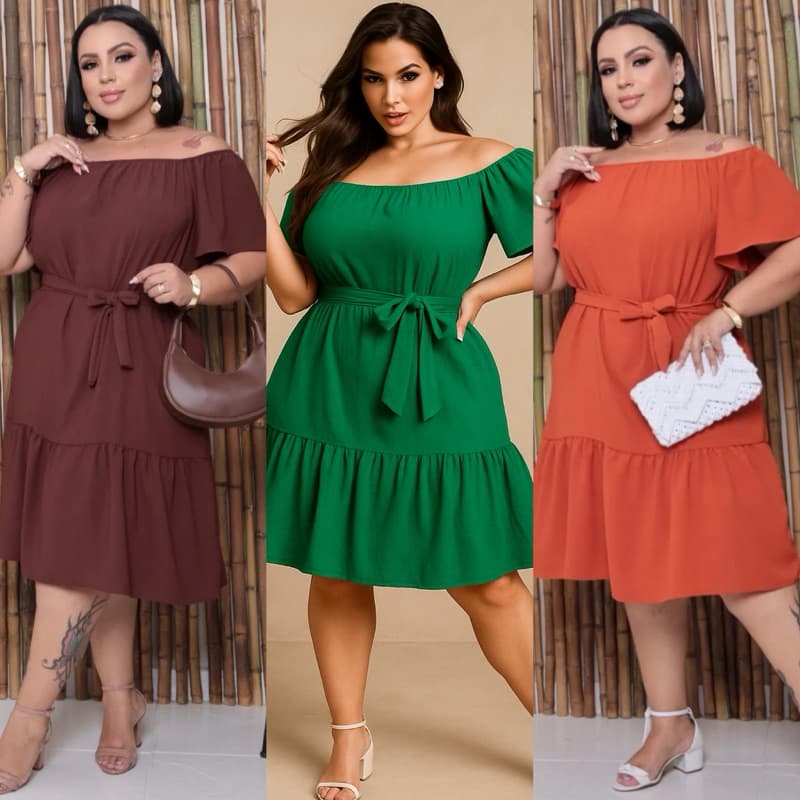 Vestido duna premium com elastano midi babado cigana plus size GG EXG feminino moda evangélica liso
