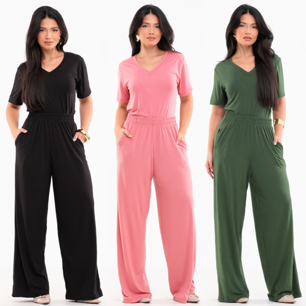 Conjunto Blusa e Pantalona em Malha Suede Light Leve e Macia Calça com Bolsos Blusa Gola V Fardamento Confortável