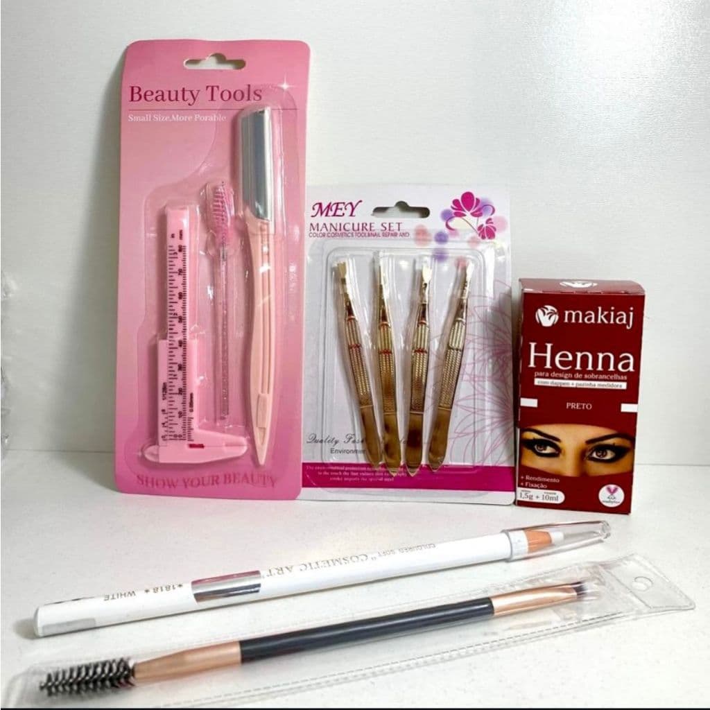 Kit Design de Sobrancelha Makiaj Henna + 4 Pinças +Navalha Lapis + Pincel duplo+ Paquimetro Escovinha