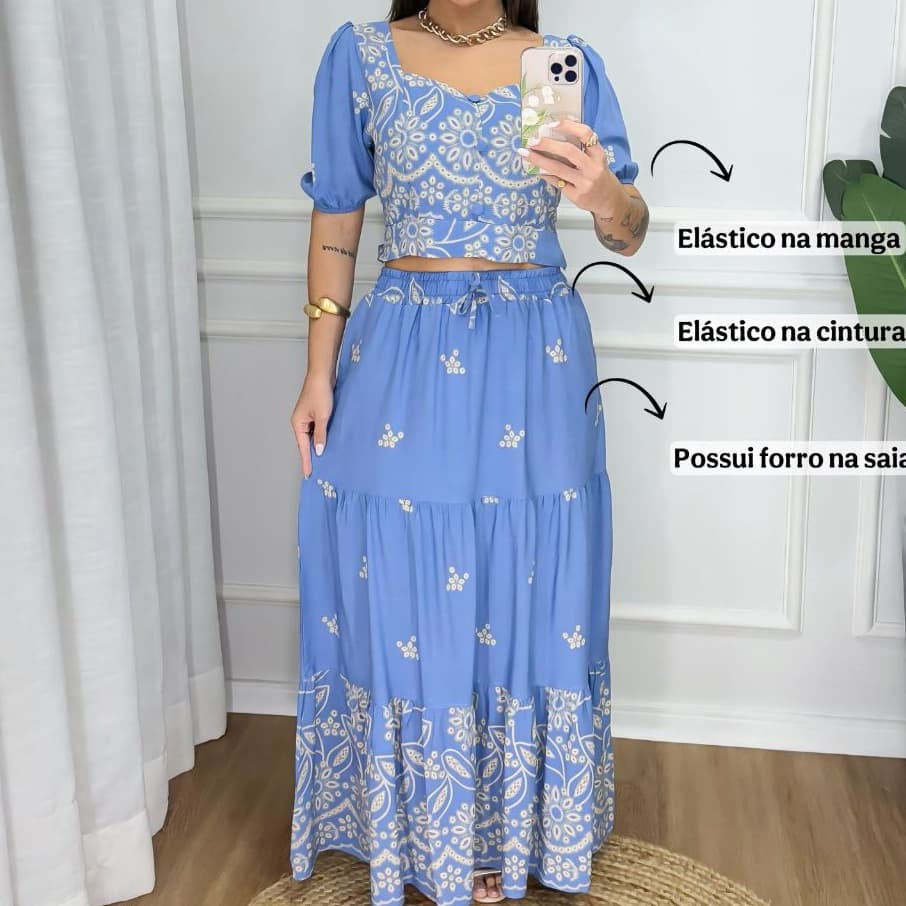Conjunto Feminino Estampado Saia Longa e Cropped Floral