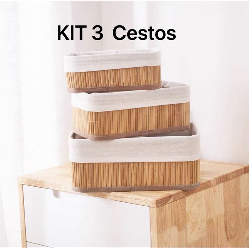 Kit 3 Cestos Organizadores de Bambu Multiuso com Forro