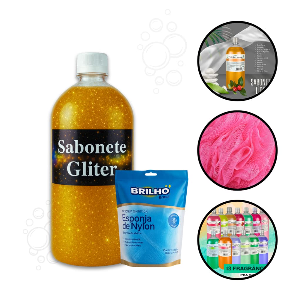 Kit com 1 Sabonete Líquido com Glitter 1L + 1 Bucha de Banho Macia