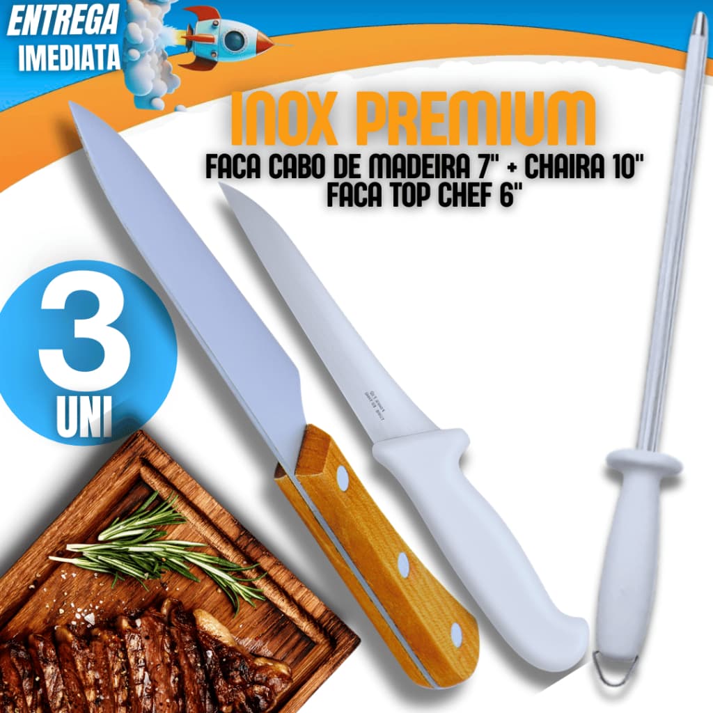 Jogo 03 Unidades - Faca 6" Top Chef Premium + Faca com Cabo de Madeira + Chaira 10" Variáveis Utilidades