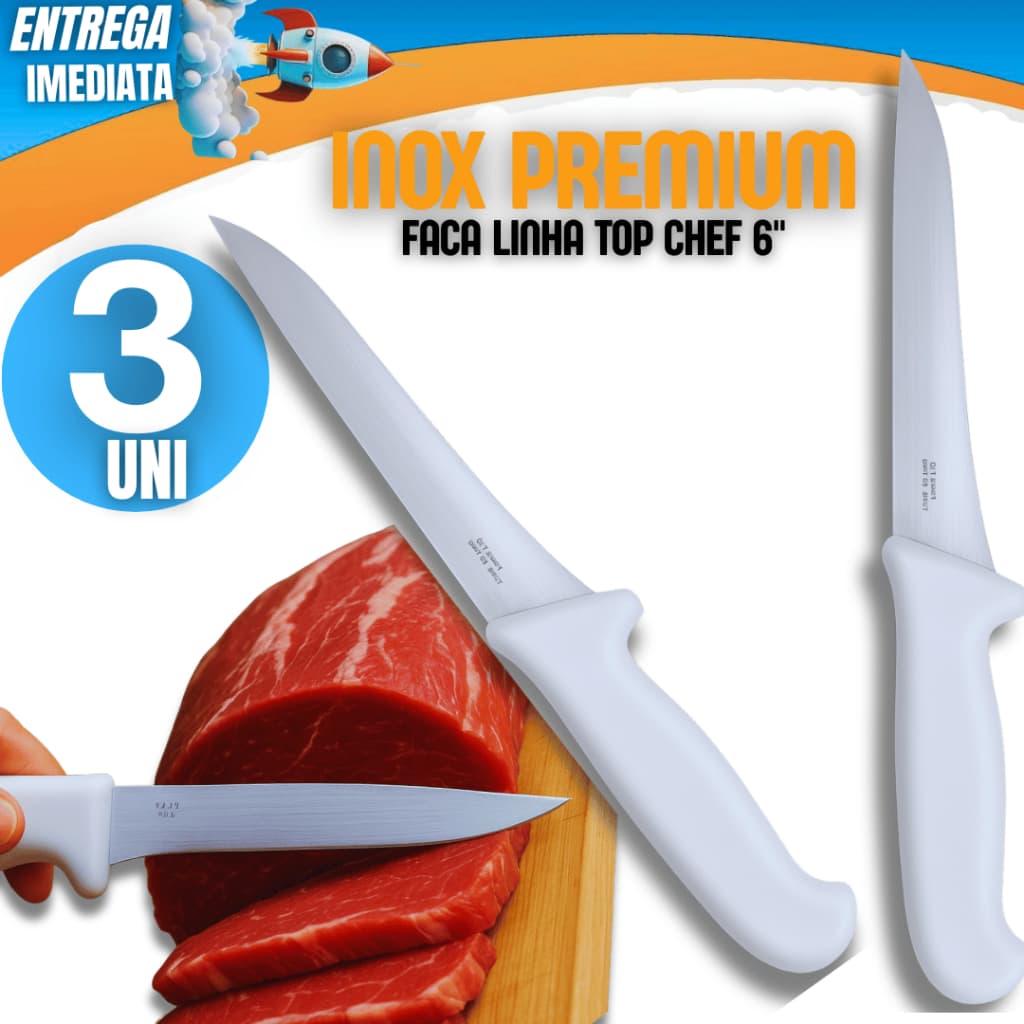 Combo 03 Peças Faca 26,8cm 6" Linha Top Chef Profissional Restaurantes e Açougueiros resistência Durabilidade Premium