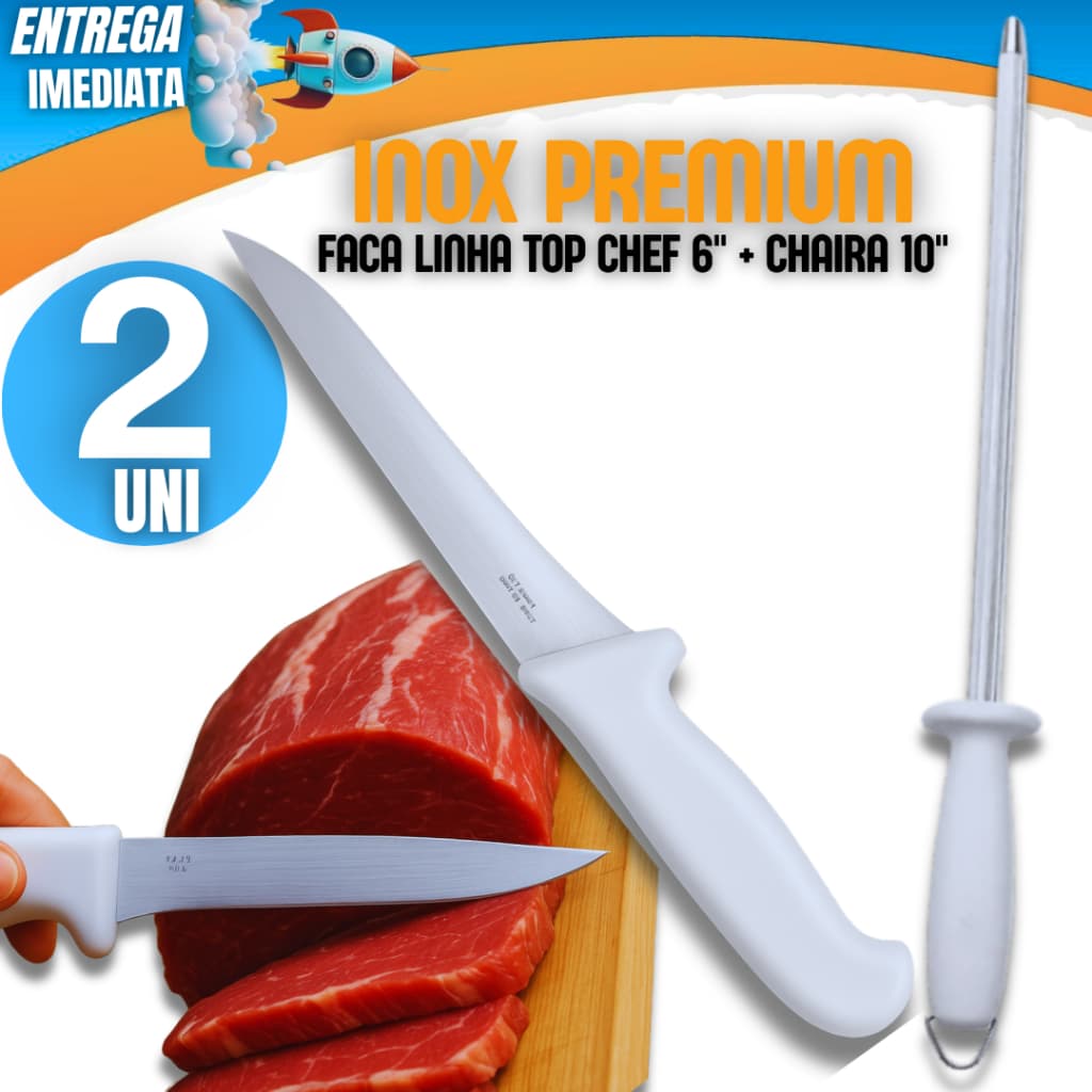 Jogo 02 Unidades - Faca linha Top Chef Inox Premium Cabo Branco + Chaira 10" Afiador Amolador de Facas Inox Utilidades