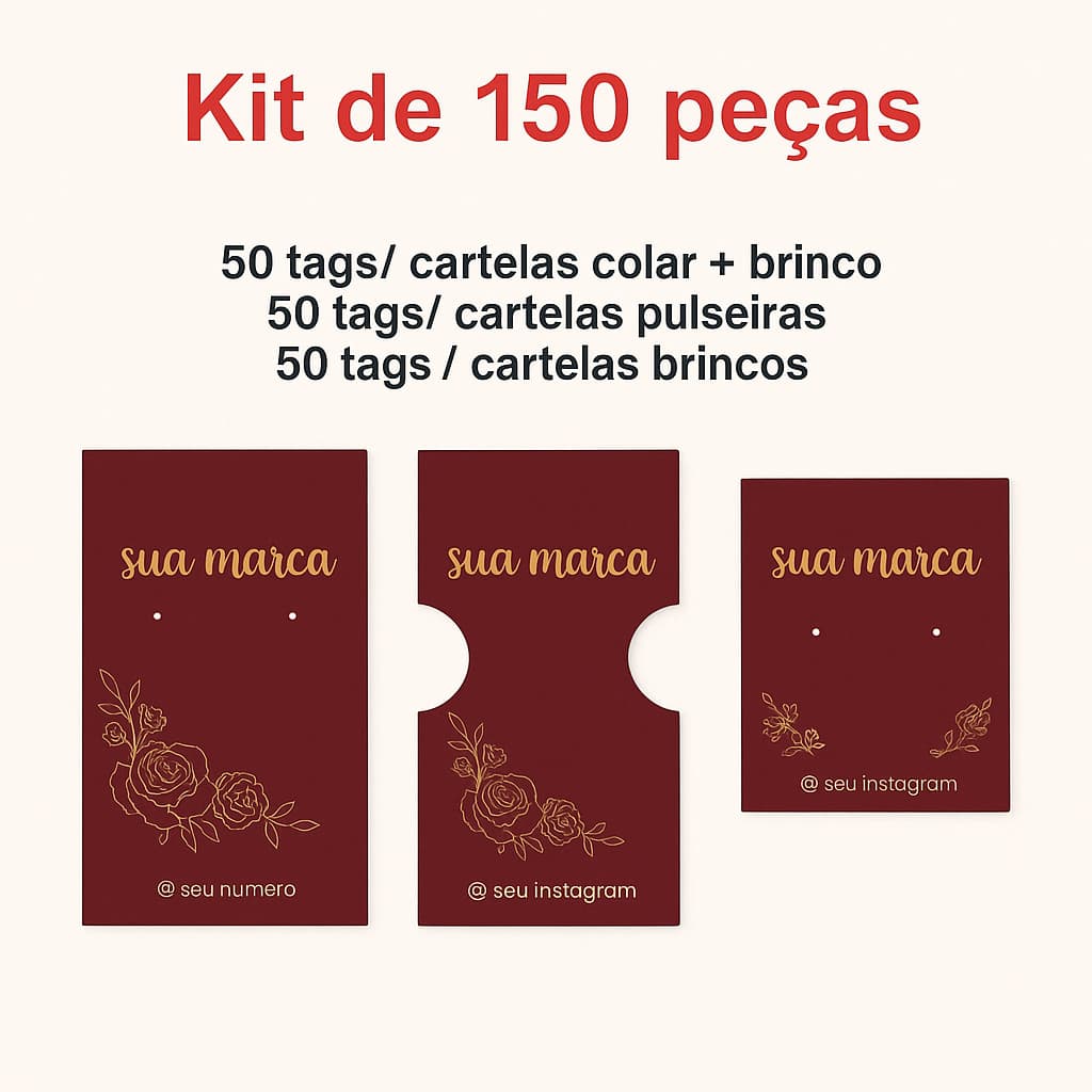 Kit 150  tags/ cartelas personalizadas para joias semi joias e bijuterias