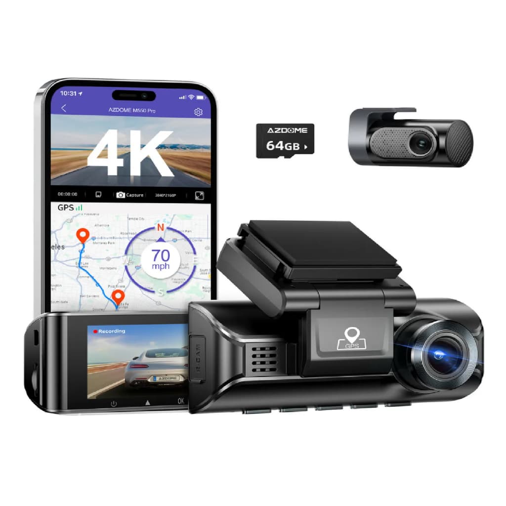 Câmera Veicular AZDOME M550 PRO 4K 2 Câmeras | GPS + Visão Noturna + WiFi 5GHz | C/ Cartão 64GB
