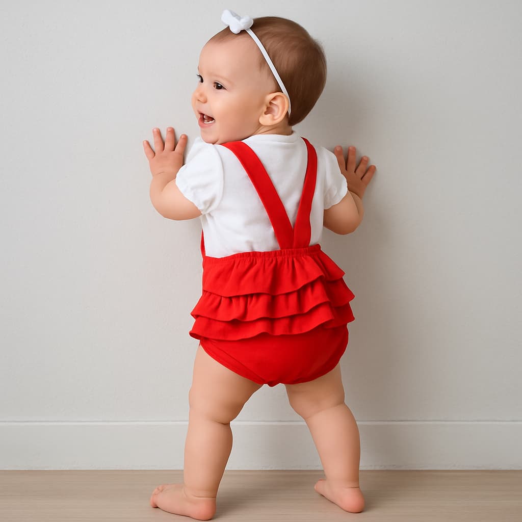 Romper Bebê Menina Jardineira com Laço e Babado + Camiseta Conjunto 2 Peças Bordado Feminino