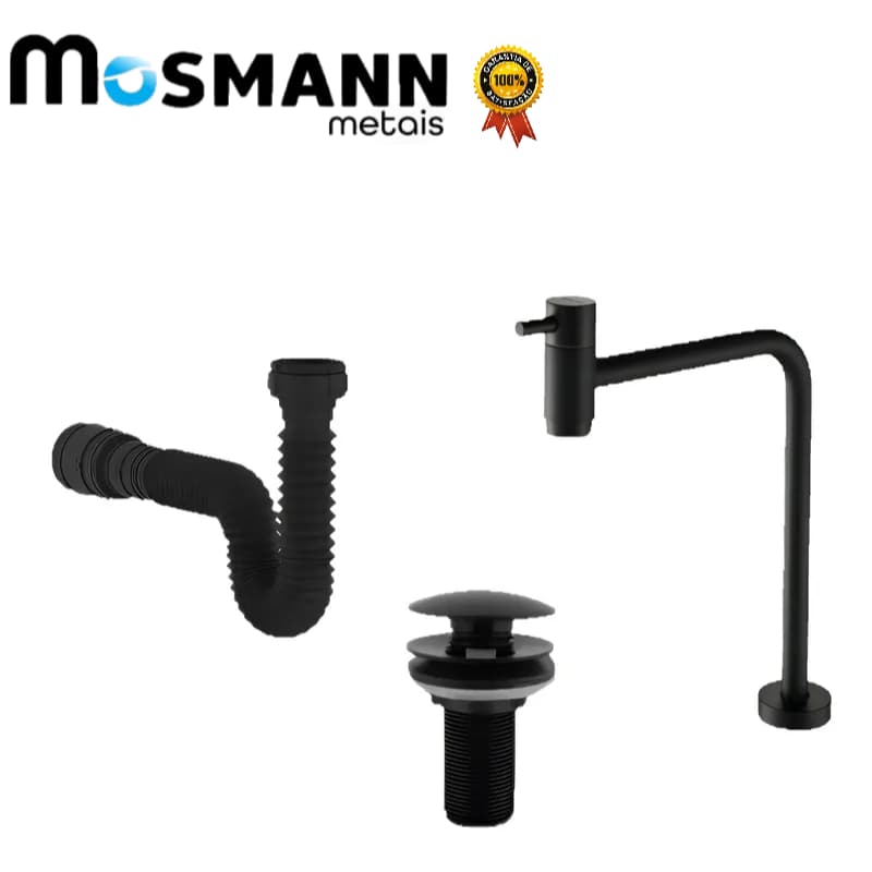 Kit Lavatório Banheiro Torneira Cuba Alta Metal + Sifão + Válvula Click 7/8 ABS Preto All Black.