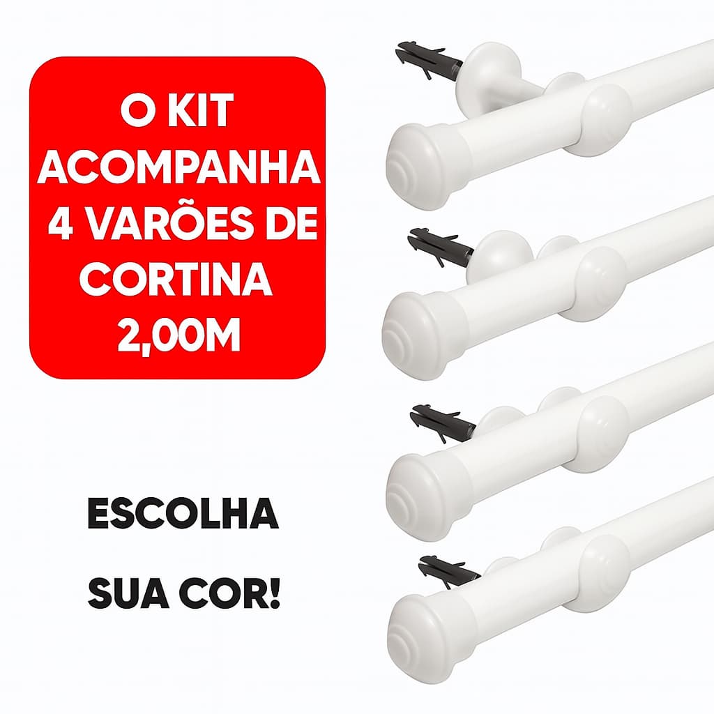 Kit com 4 Varões de Madeira Para Cortina Simples 2,00 Metros 19mm Varão Ponteira Suporte Completo