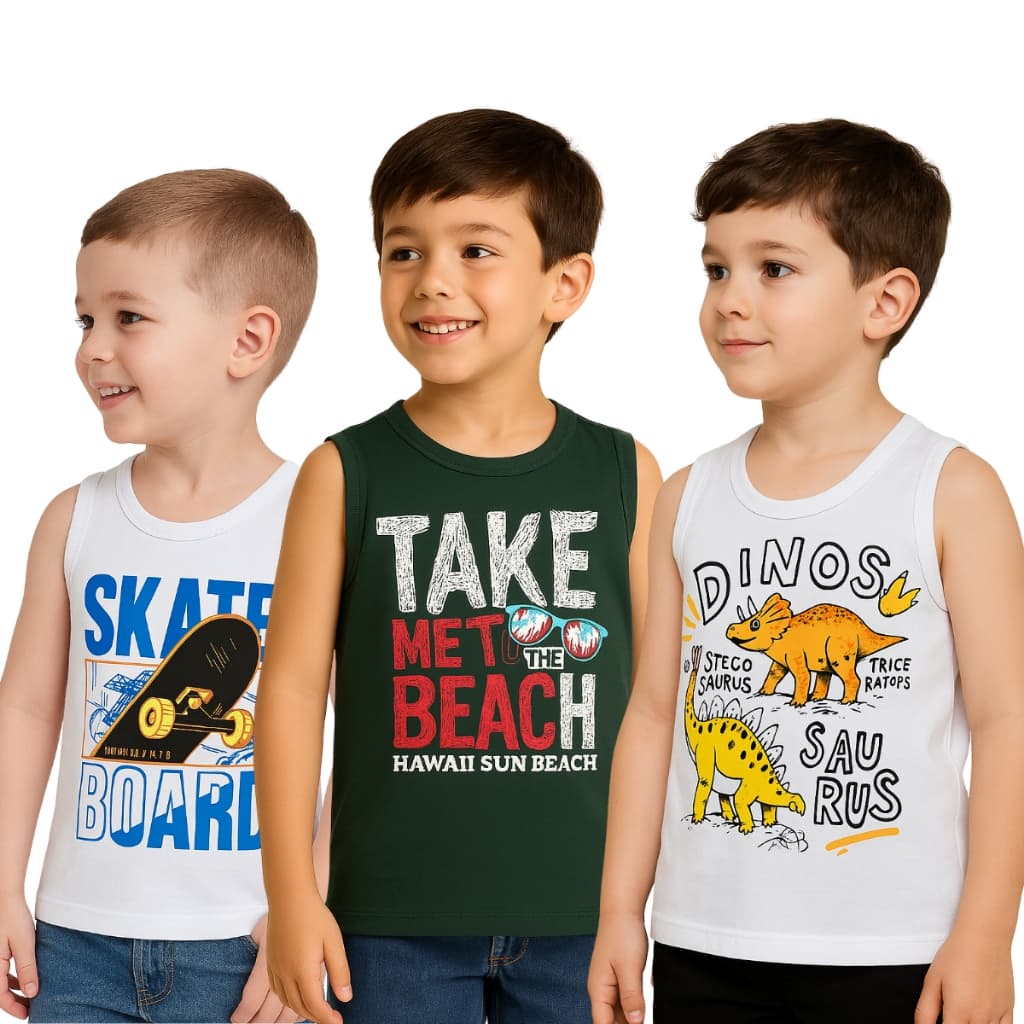 KIT 3 REGATAS ESTAMPADAS SORTIDAS DE MENINO 100% ALGODÃO - PREMIUM - 2 AO 10